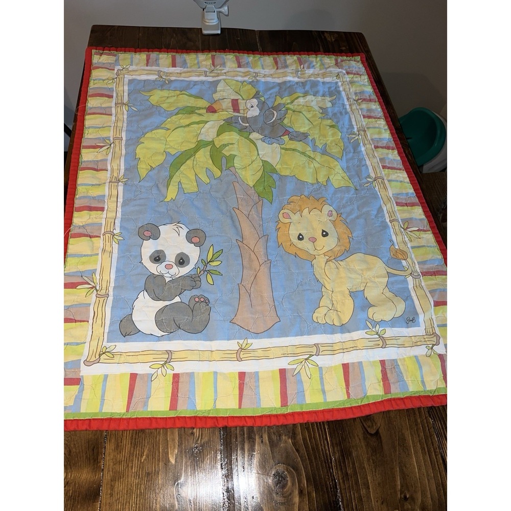 VTG Precious Moments Jungle  Baby Quilt 31" x 33" *Lion Panda Toucan Palm Tree